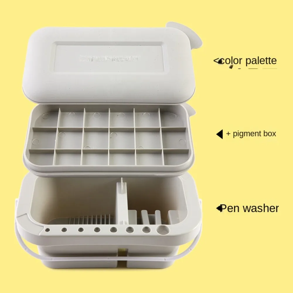 Gouache Painting Multifunctional Artists Storage Box 16 Holes Paint Brush Holder with Paint Pallet with Lid Paint Brush Cleaner