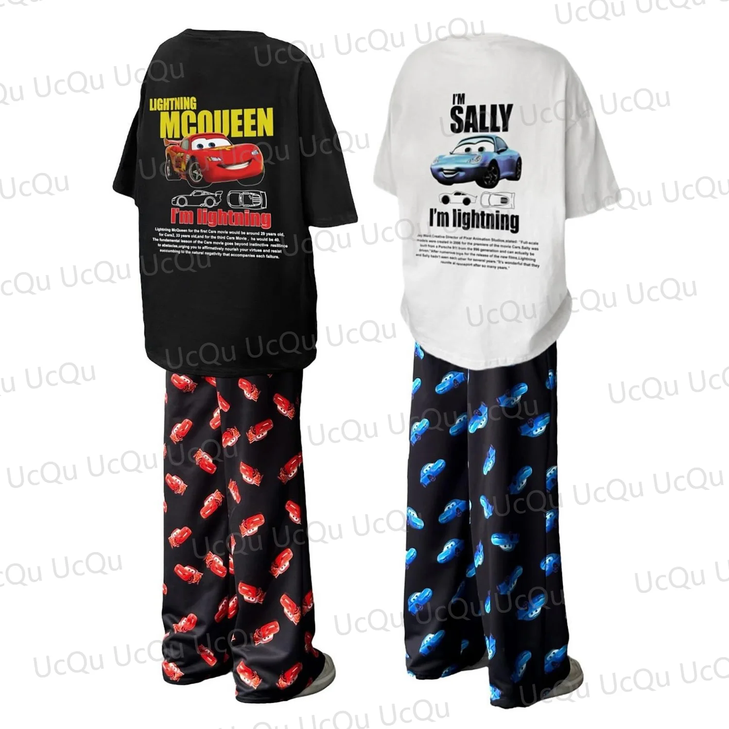 2024 The Cars Lightning McQueen&SALLY Summer Cotton T-Shirt With Pajama pants Oversized Suit For Adult/Kids his-and-hers clothes