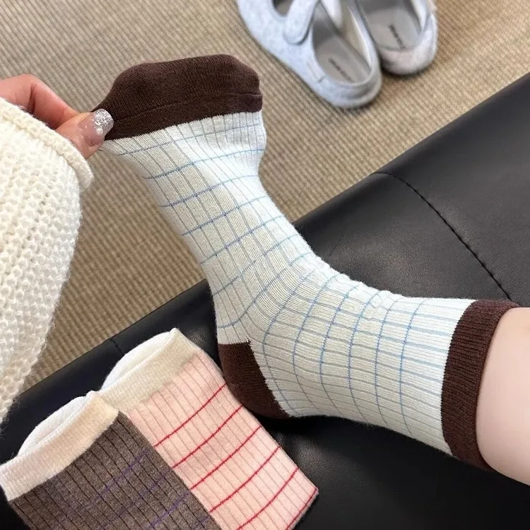 Socks Women Soft Cozy Women Socks Korean Ins Morandi Striped Cotton Breathable Ladies Mid Calf Stacked Daily Long Socks