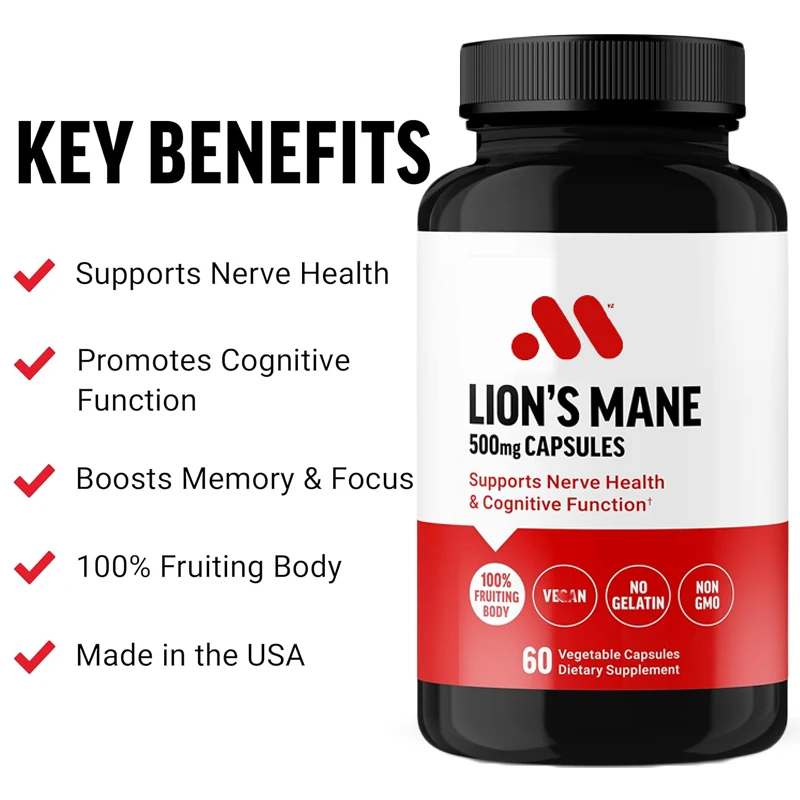 

Lion mane supplement supports neurological health and cognitive function, gelatin free, non genetically modified, 60 capsules