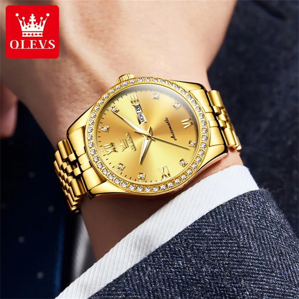 OLEVS 7012 Luxury Men\'s Watches Fashion Golden Automatic Mechanical Watch for Man Waterproof Luminous Date Week Diamond Bezel