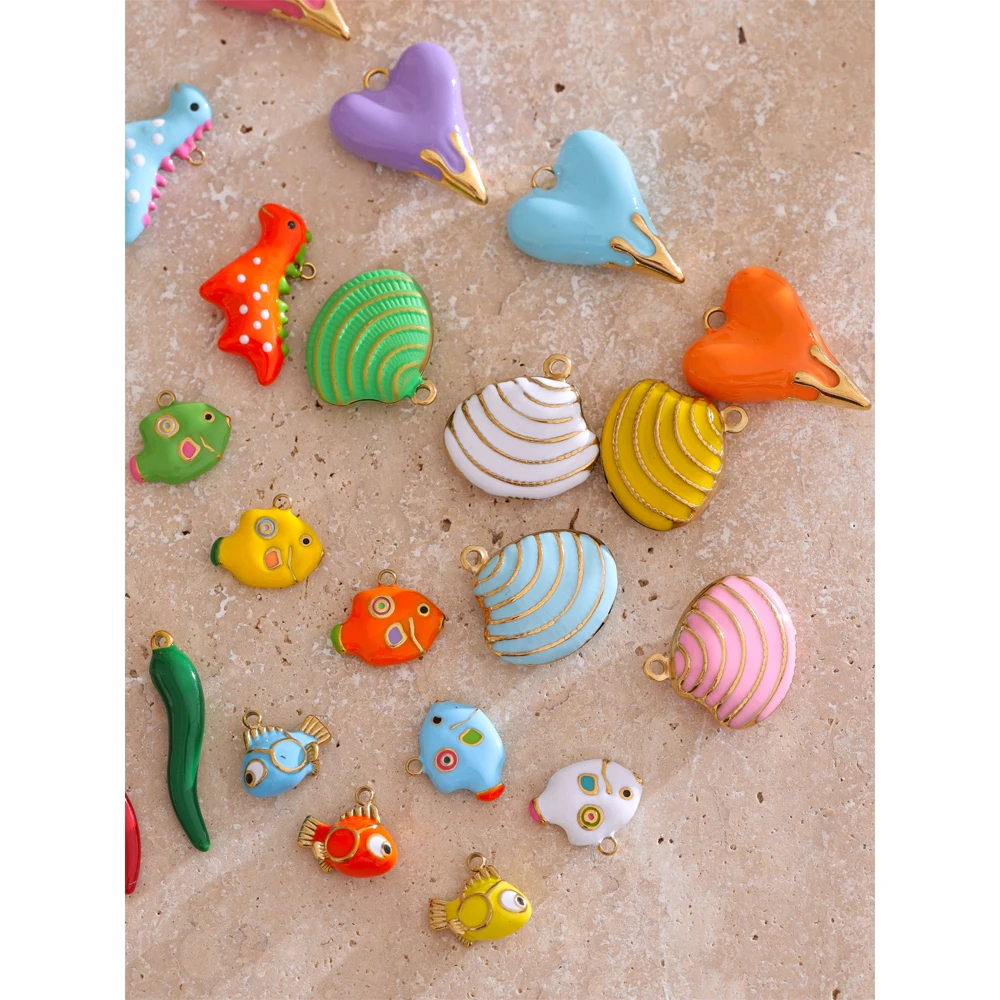 Yhpup Y2K Enamel Fruit Cherry Shell Fish Heart DIY Accessories Pendants Making Necklace Bracelet Stainless Steel Jewelry Gift