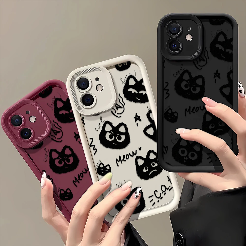 Cute Cartoon Line Cat Phone Case For iPhone 11 15 12 13 14 16 Pro Max X XR XS Max 7 8 15 16 14 Plus SE 2020 Soft Shockproof Case