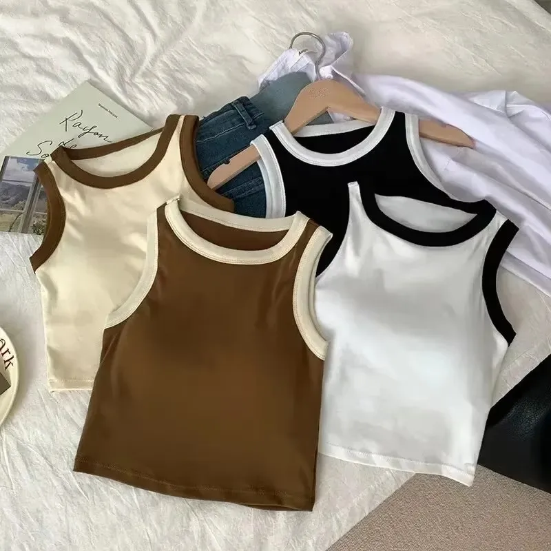Women's Spring Summer Color Block Sleeveless Vest Pure Color Strap Sports Top Base Shirt Beautiful Wrap Chest Outerwear
