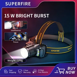 SUPERFIRE HL25 15W Powerful Zoomable LED/COB Headlamp with Motion Sensor USB-C Rechargeable Headlight Fishing Camping Lantern