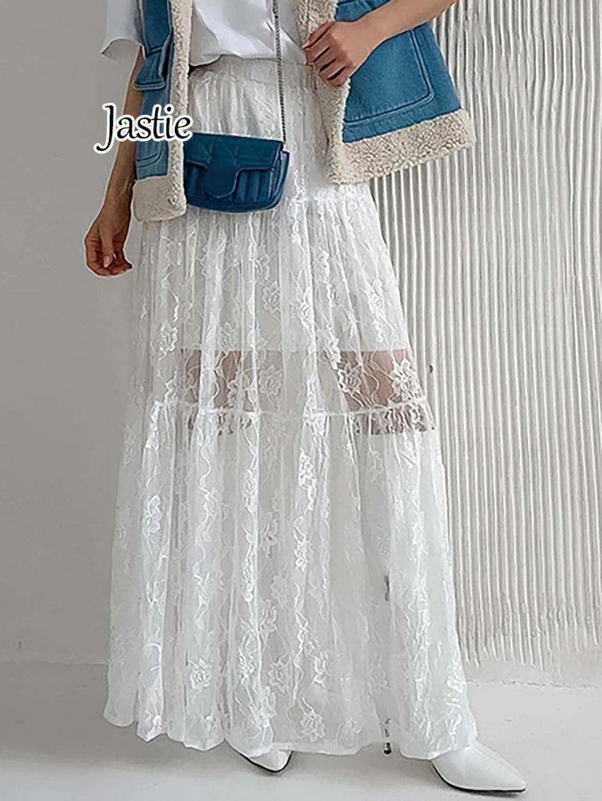 

Jastie Jacquard See-Through Sexy High Waist Lace Skirt Women 2024 Summer Loose A-line Long Skirt Patchwork Solid Female Jupe