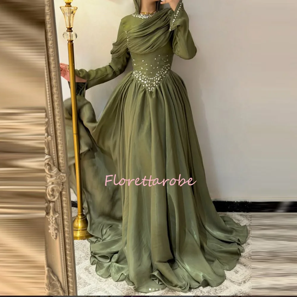 Muslimische Damen-Abendkleider mit langen Ärmeln, Chiffon-Partykleider, A-Linie, Salbeigrün, Perlen, Ballkleid, فساتين سهرة, individuell anpassbar