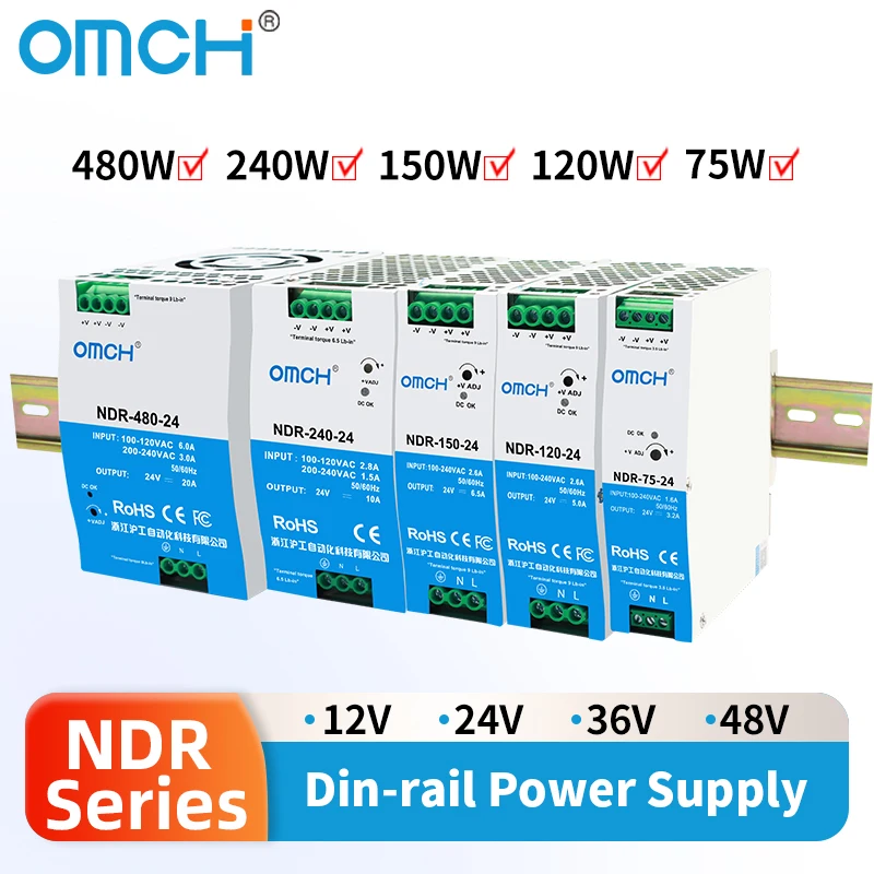 OMCH NDR series 75/120/150/240/480W AC to DC Din-rail switching power supply 88-264VAC Input 12V/24V/36V/48V Output