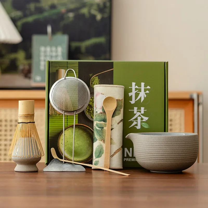 8pcs/set Matcha Set with Bamboo Whisk Vintage Coarse Pottery Raw Mineral Soil Matcha Matchaset  Ceramic Matcha Bowl