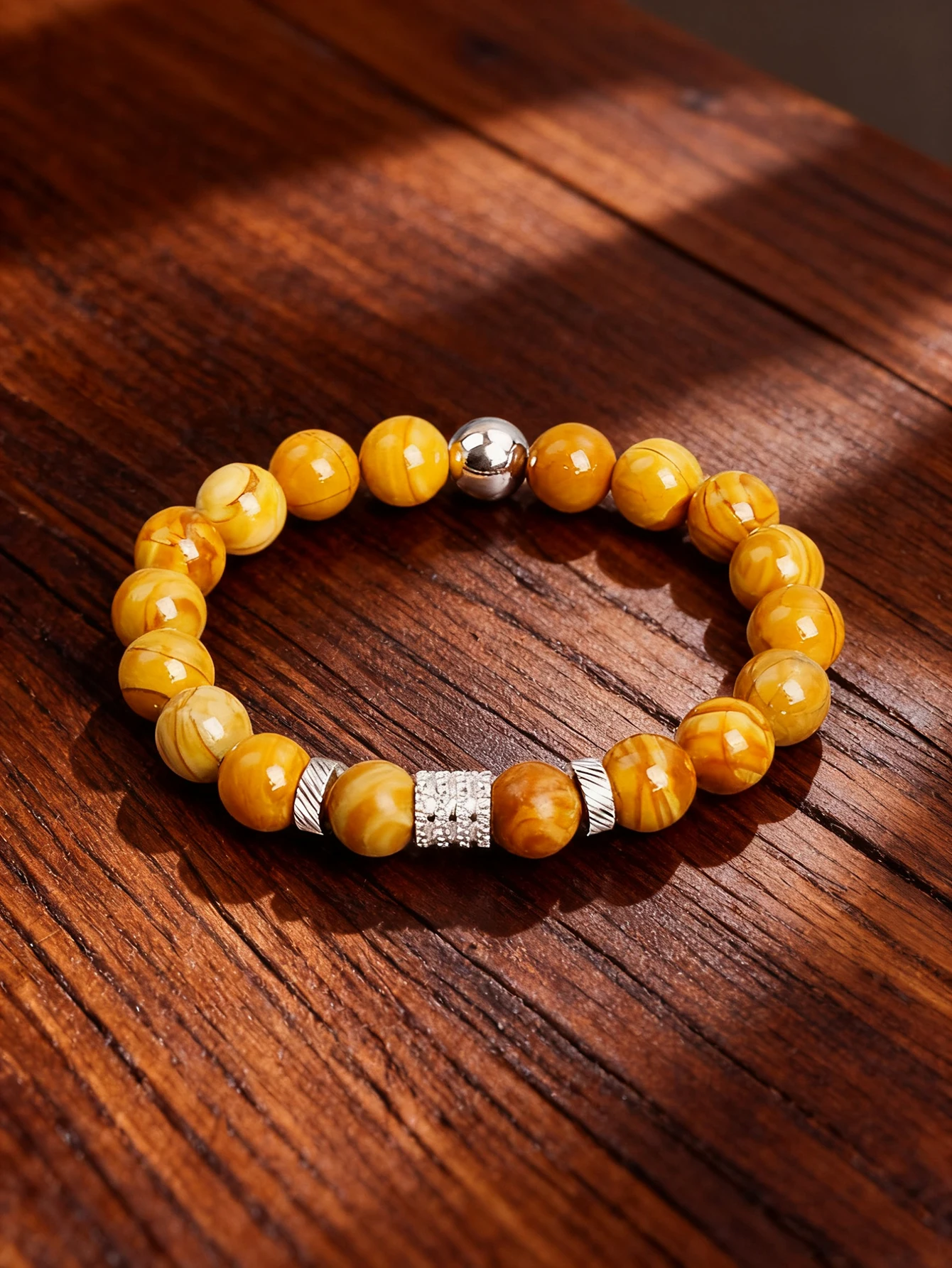 

Natural Stone Bracelet 10mm Brown Wood Grain Stone with Stainless Steel Cylinder Beads Spacer Beads for Energy Balance Jewelry