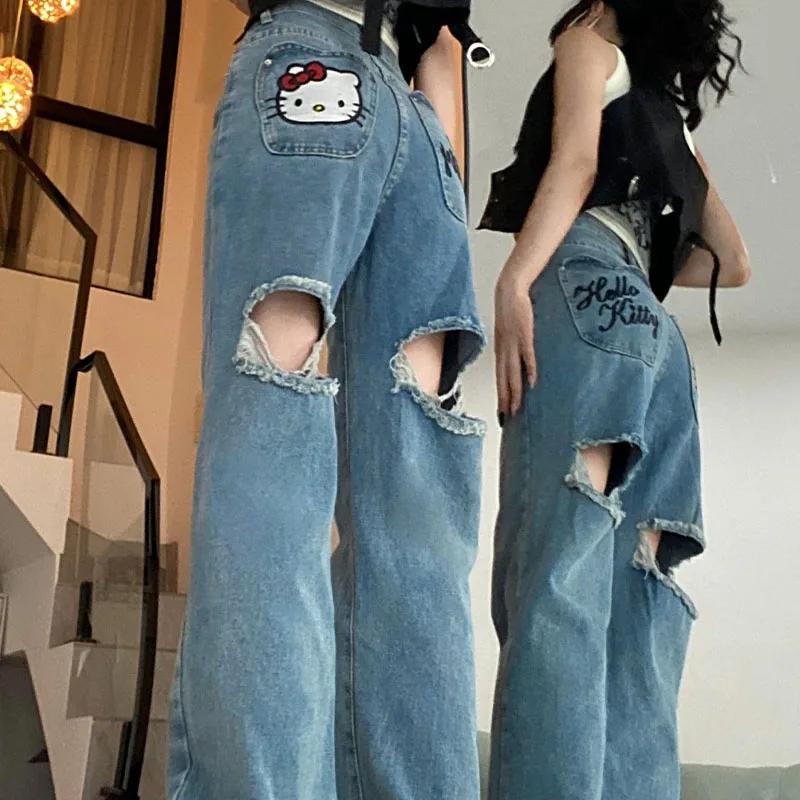 

HelloKitty Sweet and Spicy Embroidered Piercing American Japanese Trendy Brand Cowboy Wide Leg Pants Versatile Loose Floor Pants