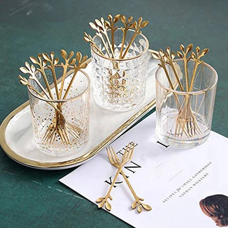 40PCS Dessert Spoon And Fork Set Cake Fork Coffee Spoon Creative Fruit Fork Stainless Steel -Gold image 2