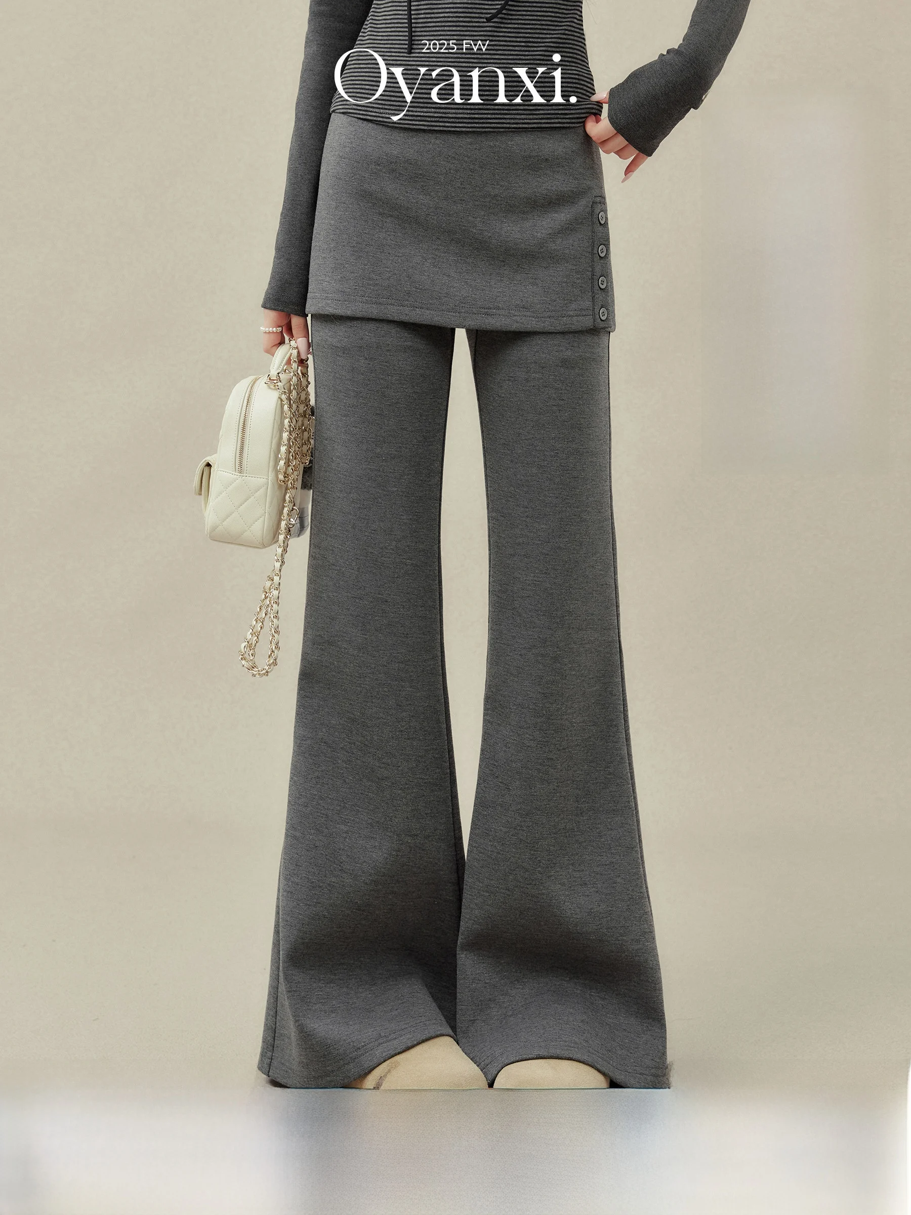 

Casual High Waist Flared Pants Women's Autumn Winter Warm Trousers Micro Flare Pants Rice Noodle Texture Grey Cold Rain Series