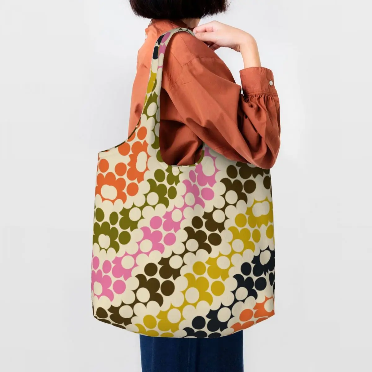 Custom Print Puzzle Flower Multi Classic Orla Kiely Shopping Tote Bag Recycling Canvas Grocery Shopper Shoulder Bags Handbag