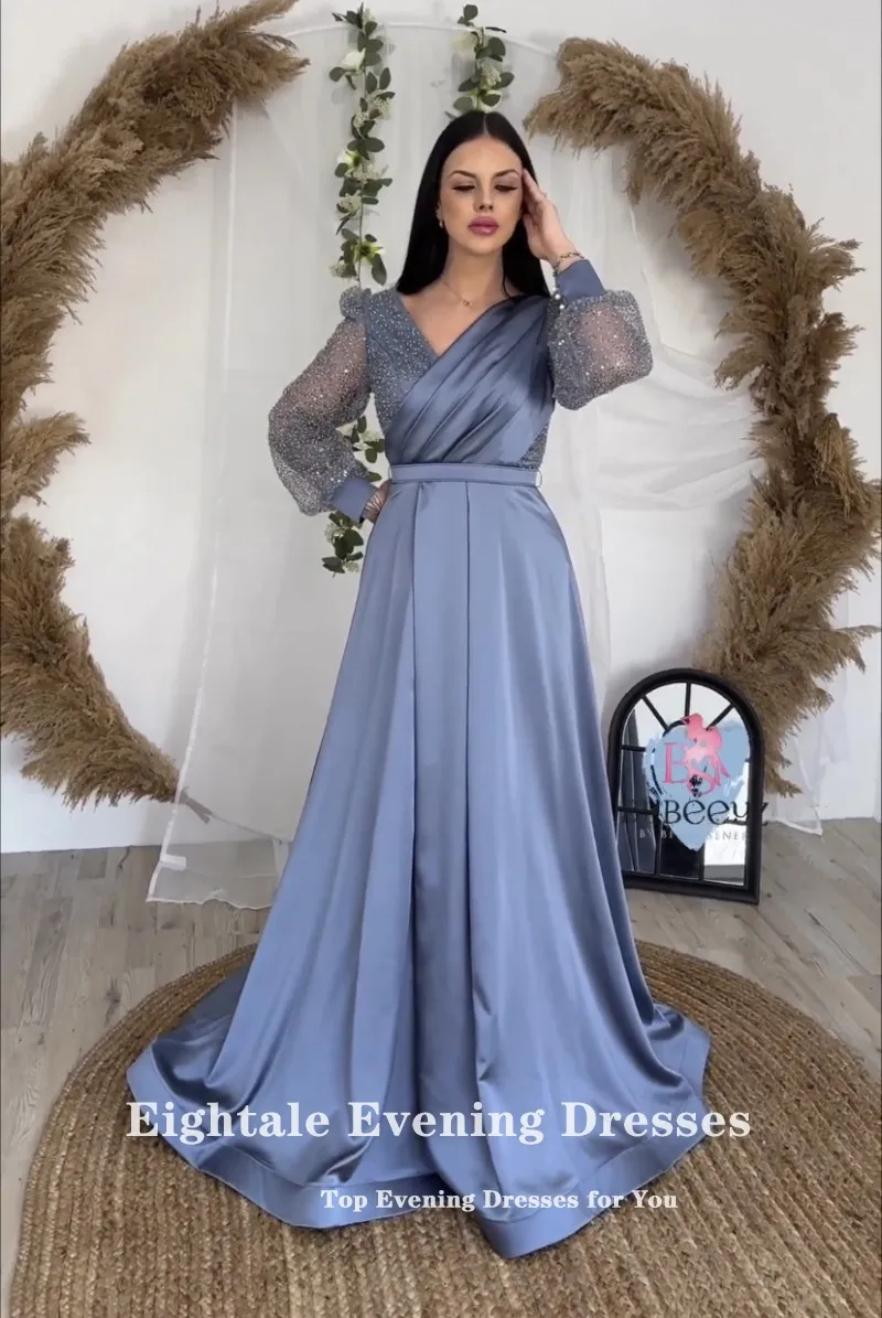 Eightale Elegant Prom Dresses V-Neck Glitter Long Sleeve A-Line Satin Customized Blue Evening Party Gowns vestidos de graduación