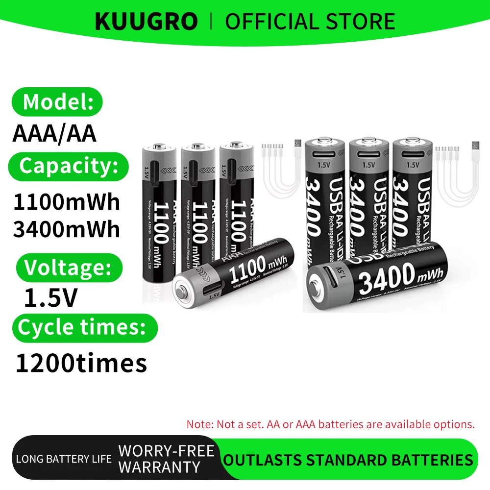 Akumulatory litowo-jonowe Kuugro AAA i AA, ładowane przez USB, litowo-jonowe 3400mWh 1.5V akumulatory AA + 1100mWh 1.5V akumulator AAA