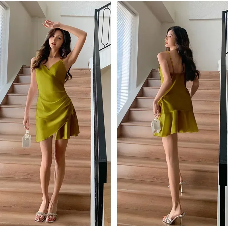 Mini abito coreano sexy in seta estivo con cinturino per spaghetti in raso Abiti Mujer senza maniche tinta unita con volant Cami Abiti da notte ssi