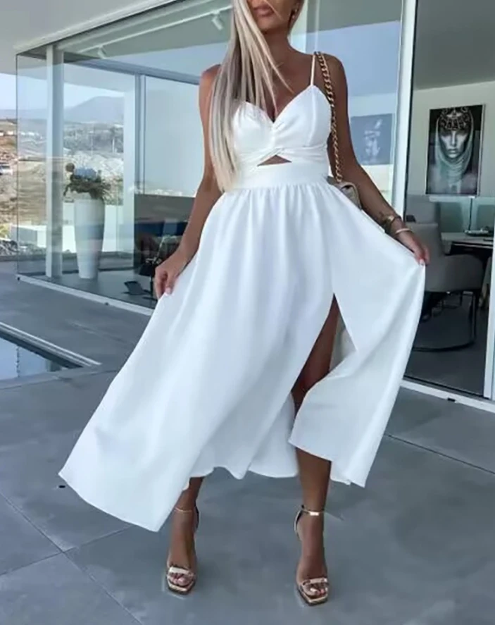 

Sexy Women Dress 2024 Summer V-Neck Backless Sling Sleeveless Twisted Slit Spaghetti Strap Hollow Out Split Long Casual Dress