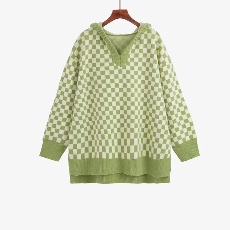 2024 Women's Loose and Age Reducing Soft and Sticky Checkerboard Patterned Hooded Sweatshirt Style Sweater