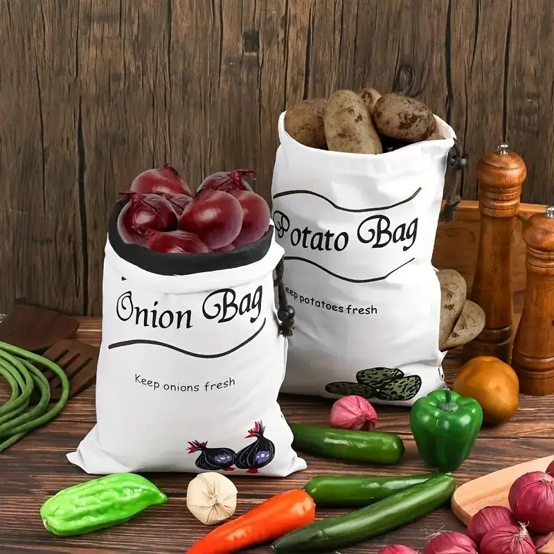 Potato Onion Storage Bag Keep Fresh Vegetable Fruit Organizer Drawstring Canvas Bags Reusable Sacks Holds Keeper Large Capacity view 3