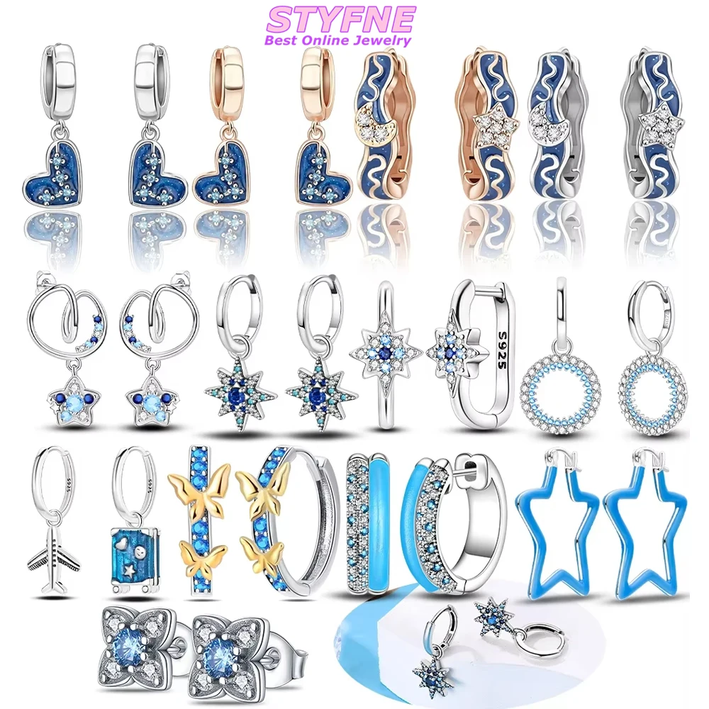 

Woman Earrings 925 Silver Blue Ocean Stars Moon Heart-shaped Earrings for Women Anniversary Birthday Fine Jewelry Fine Gift