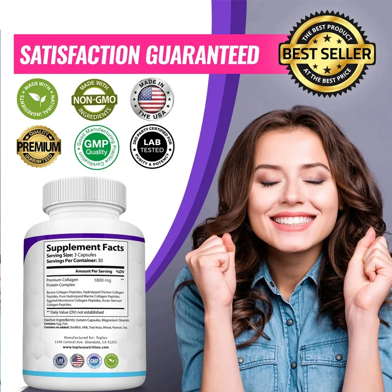 الببتيدات الكولاجين 1800 مجم - الشعر والبشرة، المضادة للشيخوخة - الأنواع I،ii،iii،v،x، المفاصل والعظام