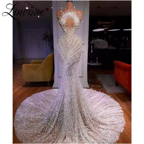 2024 Customized Long Dubai Luxury Evening Dress Pearls Beaded Mermaid Celebrity Dresses Robes De Soir&eacute;e Wedding Dress For Party