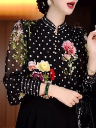 Fashionable and Stylish Polka Dot Print Loose Stand Up Collar Shirt for Women's Autumn New Item Slimming Long Sleeved Thin Top