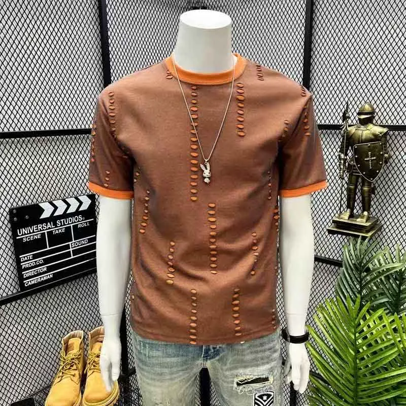 

New Summer New Men's Trend Short Sleeve T-Shirt American Ripped Crew Neck Fashion Casual Top