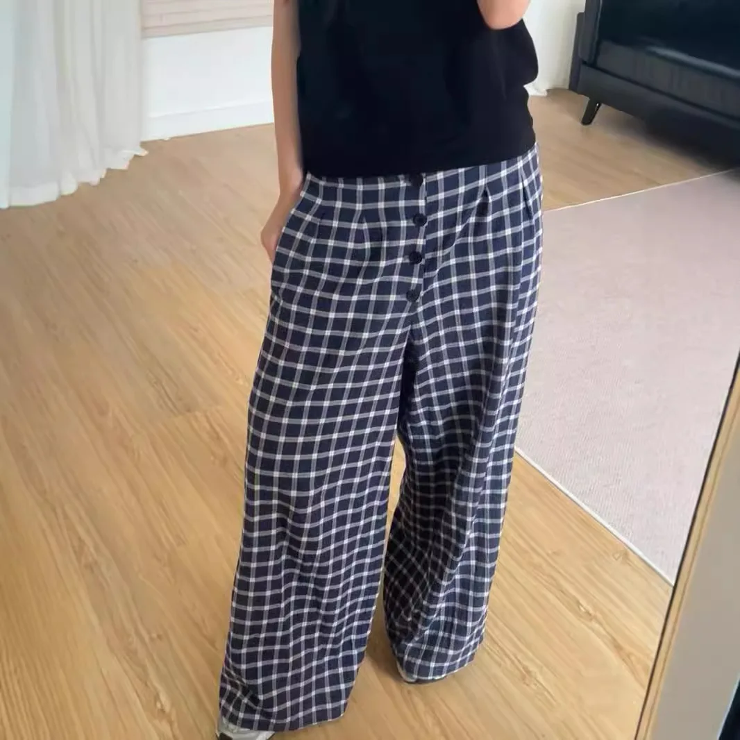 

2025 Lazy Wind Covers The Hips and Thin Plaid Loose Wide-leg Medium and Low-rise Casual Pants for Women