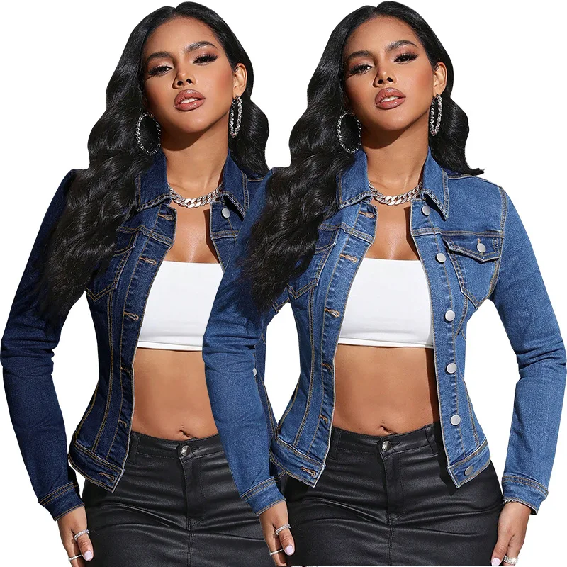 

Women's Spring and Autumn Top Coat Denim Lapel Pocket Retro Simple Casual Design Fashion Advanced Soft Niche Versatile Skinny