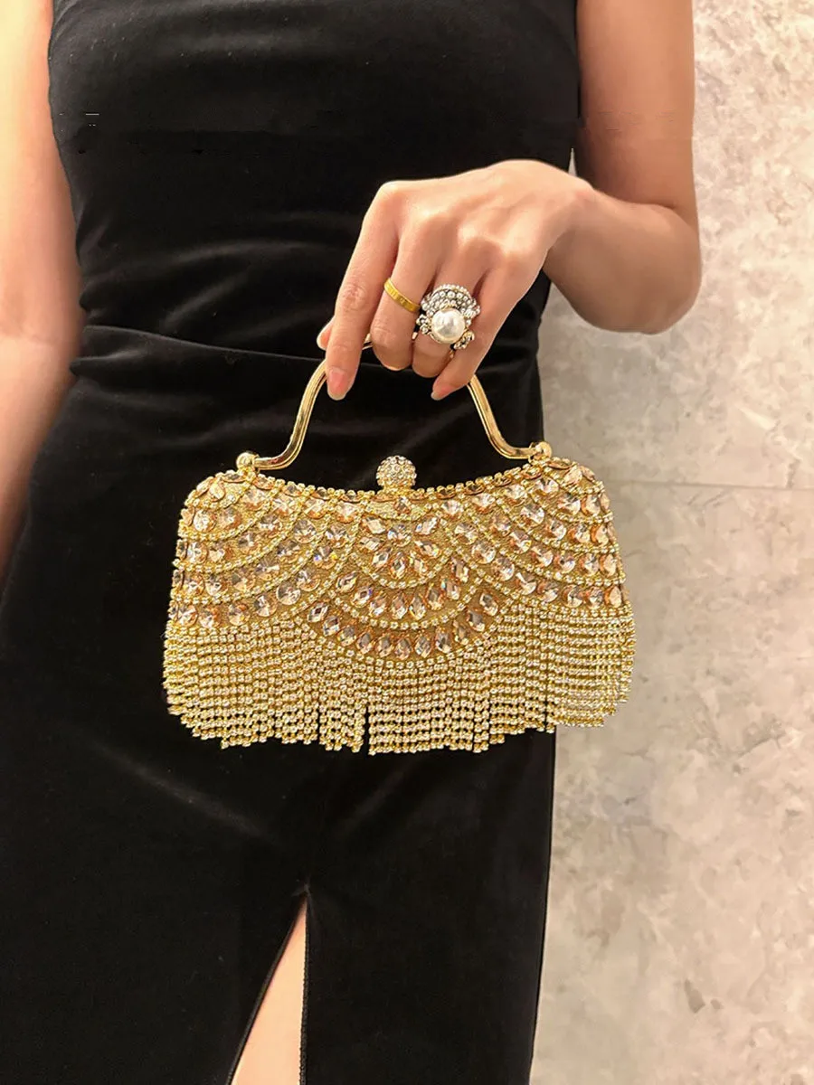 Metallische Strass-Diamant-Abendclutch mit Goldener Quaste, Luxuriöse Braut-Hochzeits-Party-Handtasche für Damen, Formelle Bankett- und Abschlussball-Tasche – Detail 2