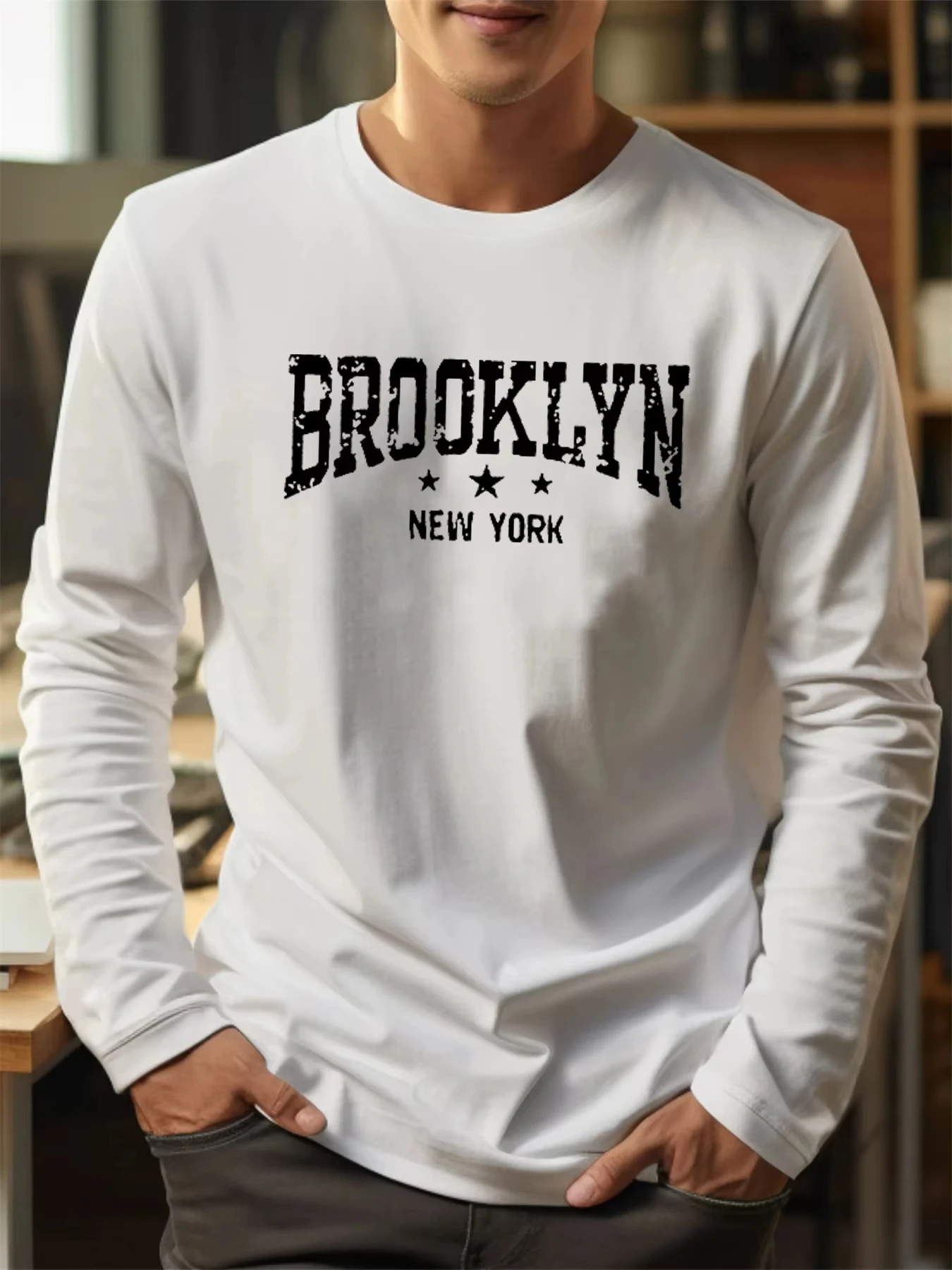 New York Brooklyn Letter Printed Men's T-shirt Spring and Summer Casual Sports Fashionable Round Neck Long Sleeved Pullover Tops