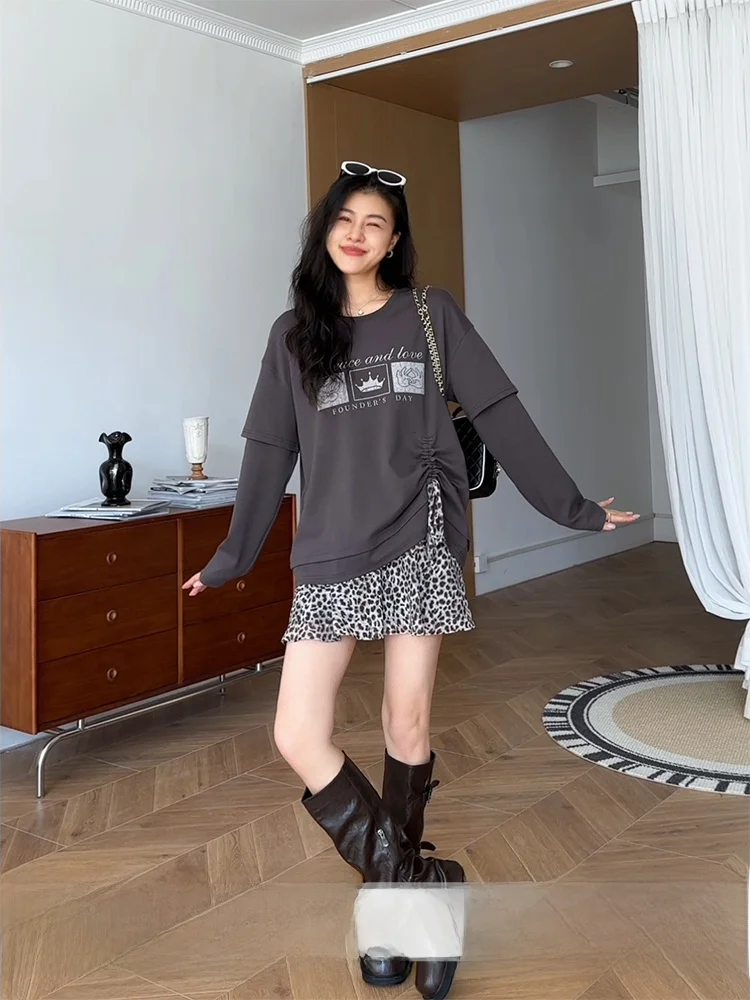 

American Retro High Waist Slit Loose Sve Patchwork Top And Leopard Print f Skirt Set Casual Sle for Women Autumn Wear