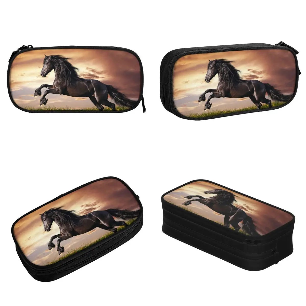 Bellissimo astuccio nero cavallo al galoppo amanti degli animali matite Box penna grande capacità sacchetti di matita materiale scolastico