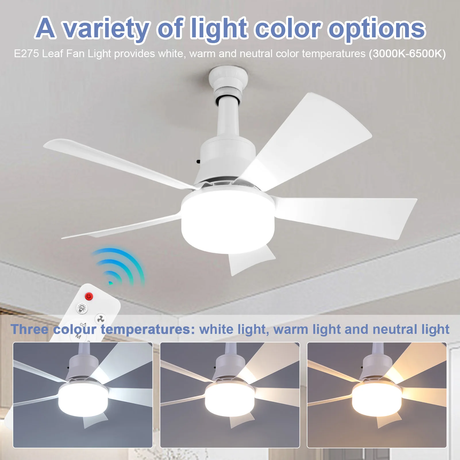 Ceiling Fan with Light Ceiling Fan Light Remote Control LED Light Fan 3 Light Colors Socket Fan Light Low Noise for Dining Room