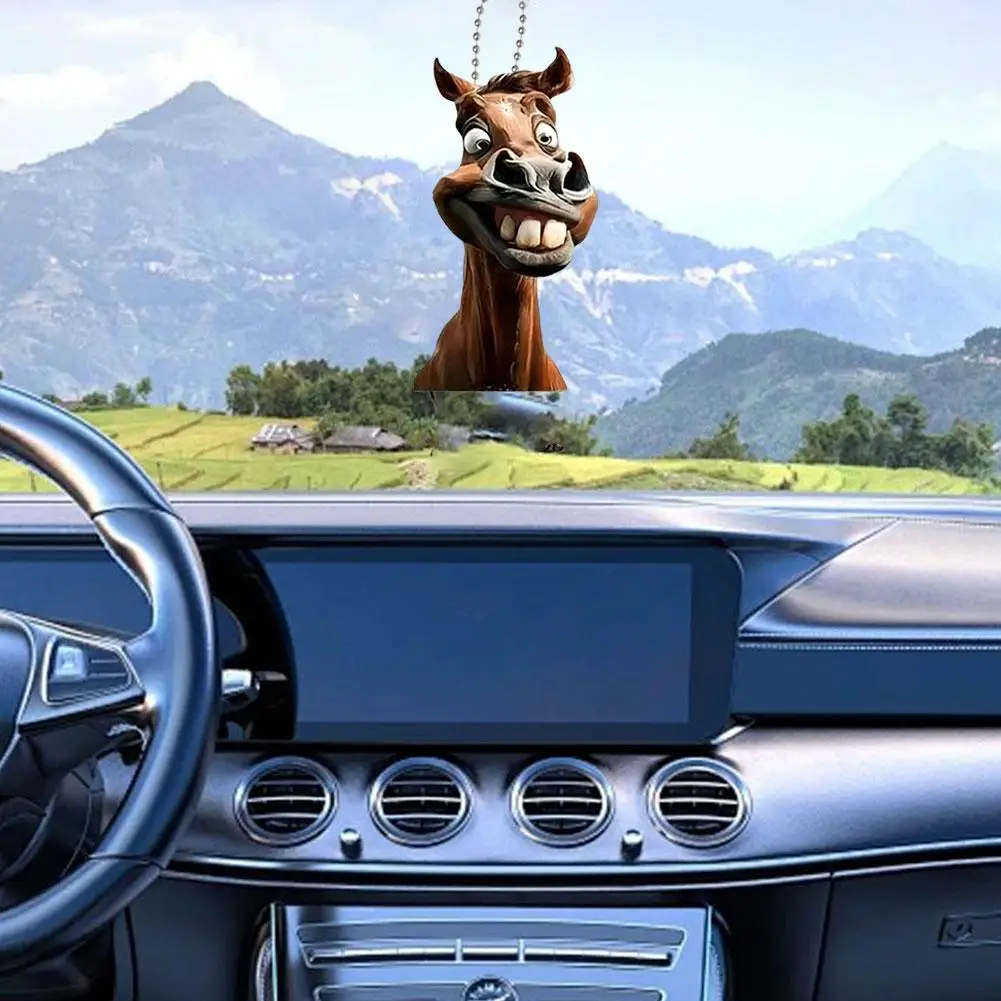 2D Cute Big Mouth Horse RearView Mirror Pendant Auto Interior Car Realistic Animal Hanging Ornament Car Interior Decoration Toys
