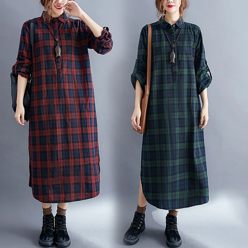 

Женское платье-рубашка в клетку на осень-весну, с длинным рукавом, в корейском стиле, на одной пуговице, больших размеров, А-силуэт, модное