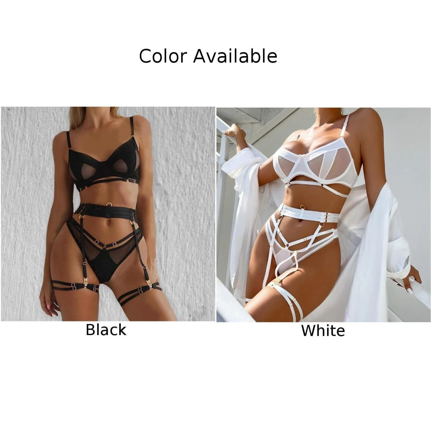 3-Piece Bra Set Women See Through Lingerie Garter Belt Thong Bra Set Ultra-Thin Nightwear Sexy Underwear Breathable Panties