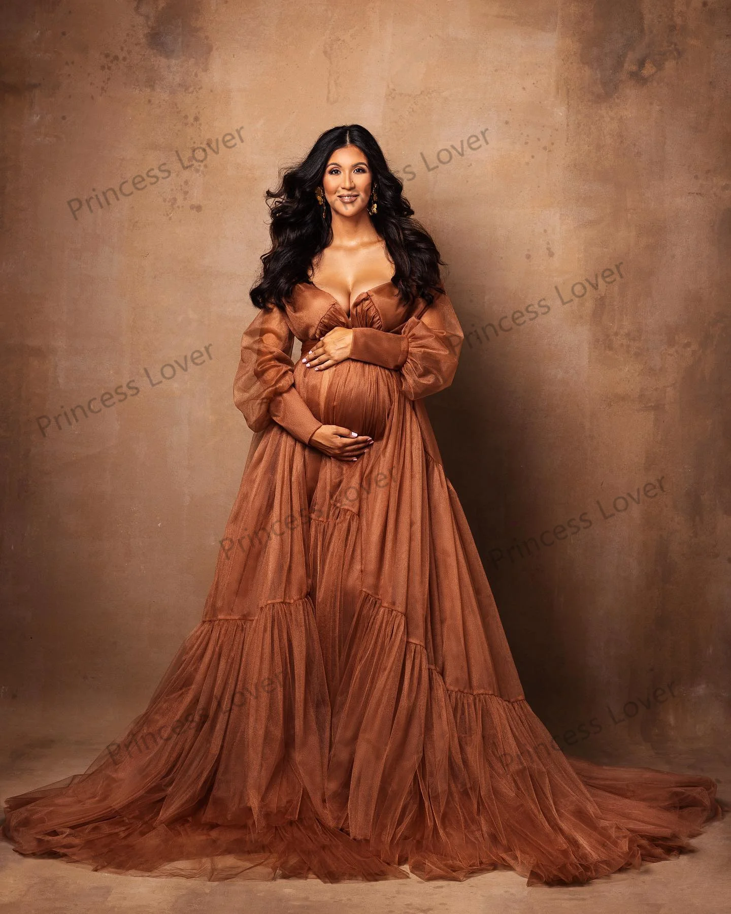 Elegant Brown Long Sleeve Prom Dresses Women A Line Tulle Photography Dressing Gown Customise Baby Shower Vestidos