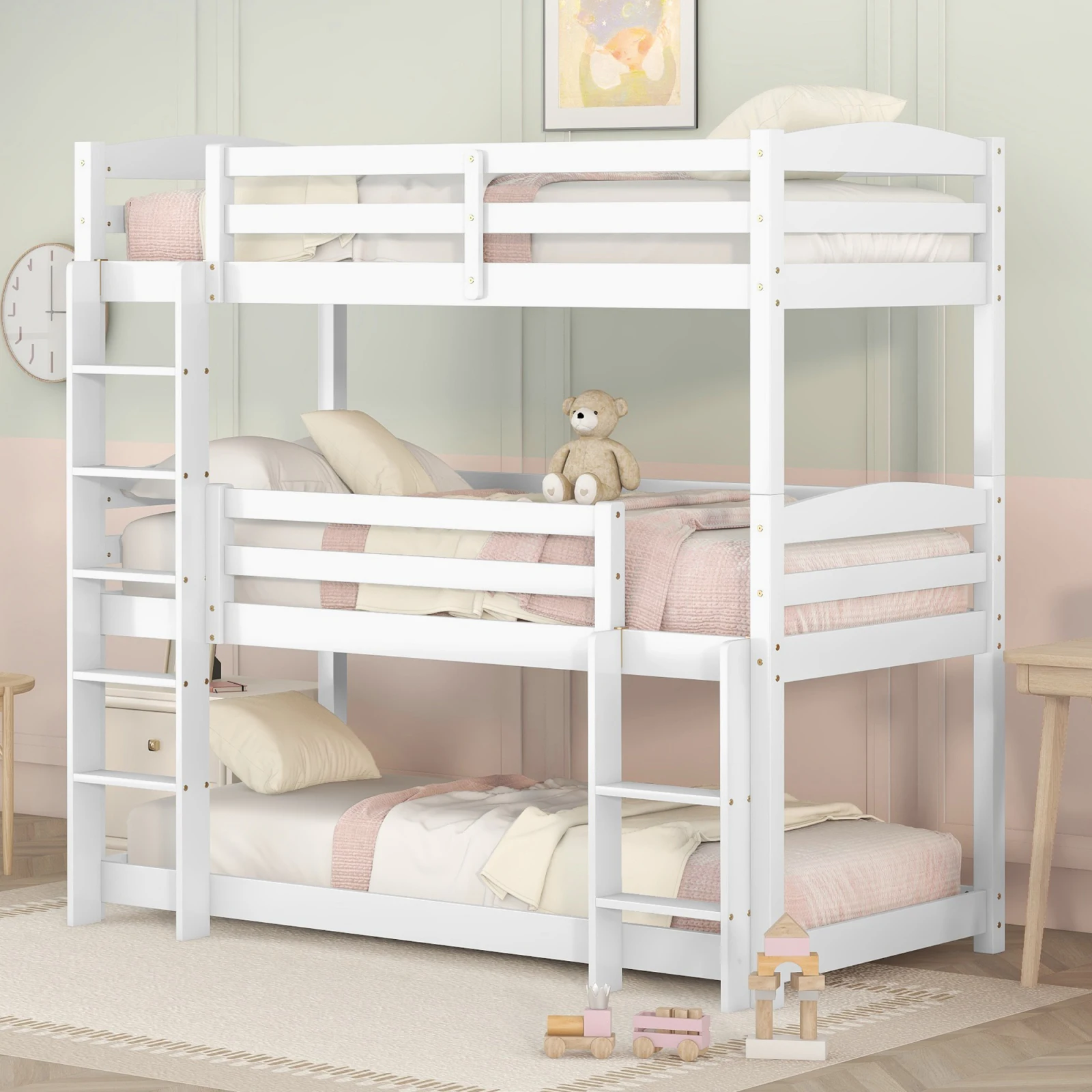 Single-Size Children Bed White Wooden Triple Bunk Bed for Three Children 90x200cm Children's Furniture