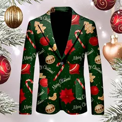 Christmas Theme Printed Slim Fit Suit Coat Men Casual Personality Fashion Suit Jacket Adult Lapel Single Breasted Blazer