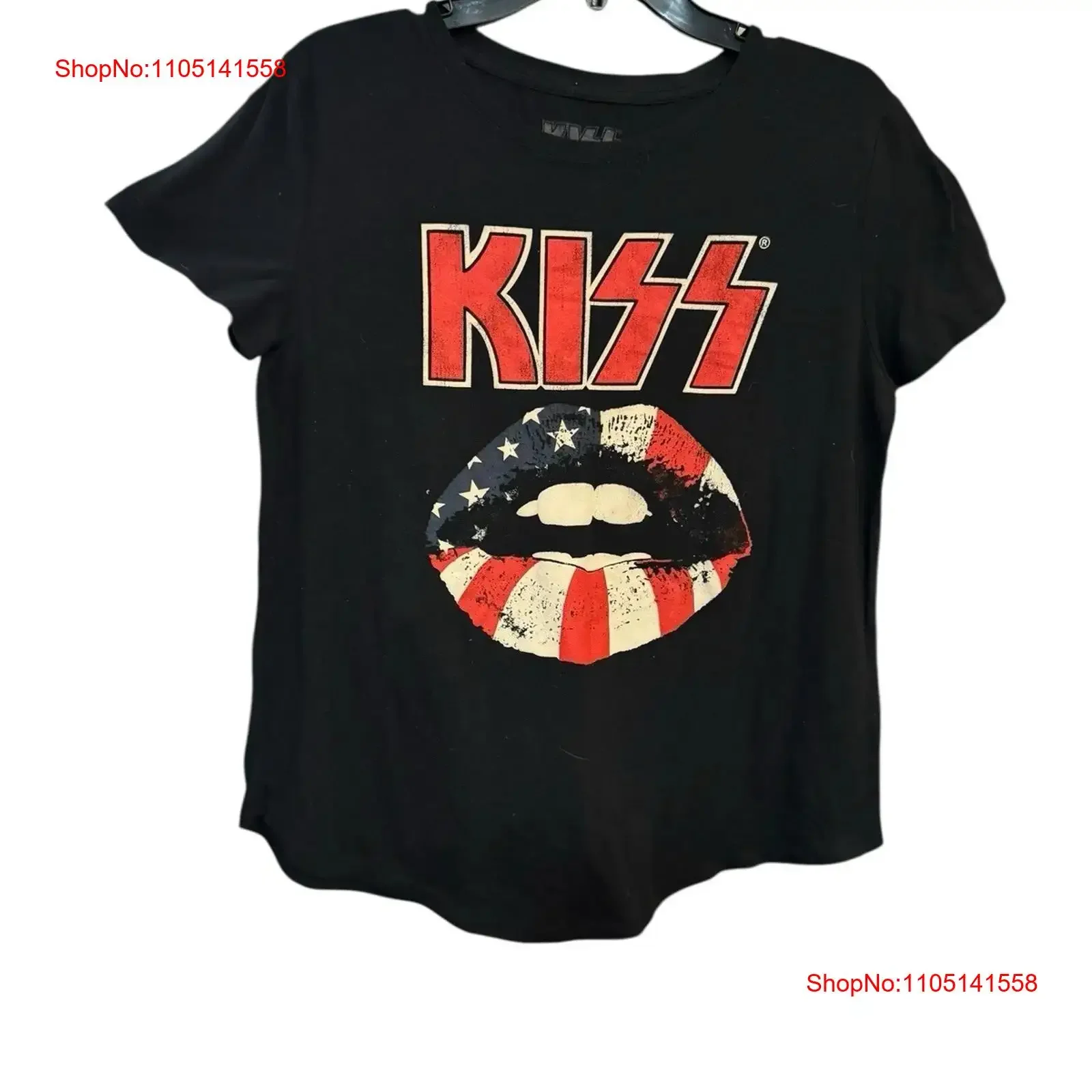 

Kiss Black T Shirt w American Flag Lips Logo s Womens Medium vintage Washed Unisex Soft designer clothes Comfortable Casual