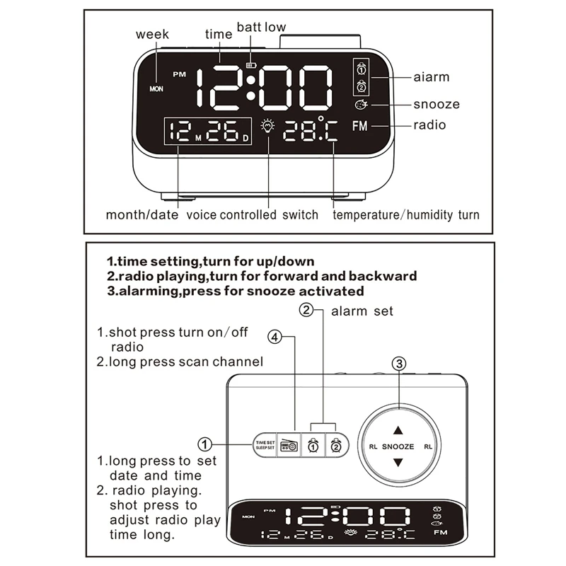 LED Digital Alarm Clock Watch Table Electronic Desktop Clocks USB Wake Up FM Radio Acoustic Control Sensing Modern Alarm Clock