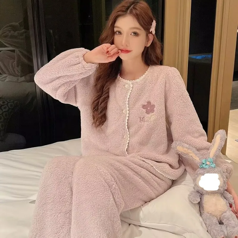 Women Coral Velvet Pajamas Winter Fleece-Lined Padded Cardigan Homewear Suit Female Pure Color Round Neck Warm Nightclothes Suit
