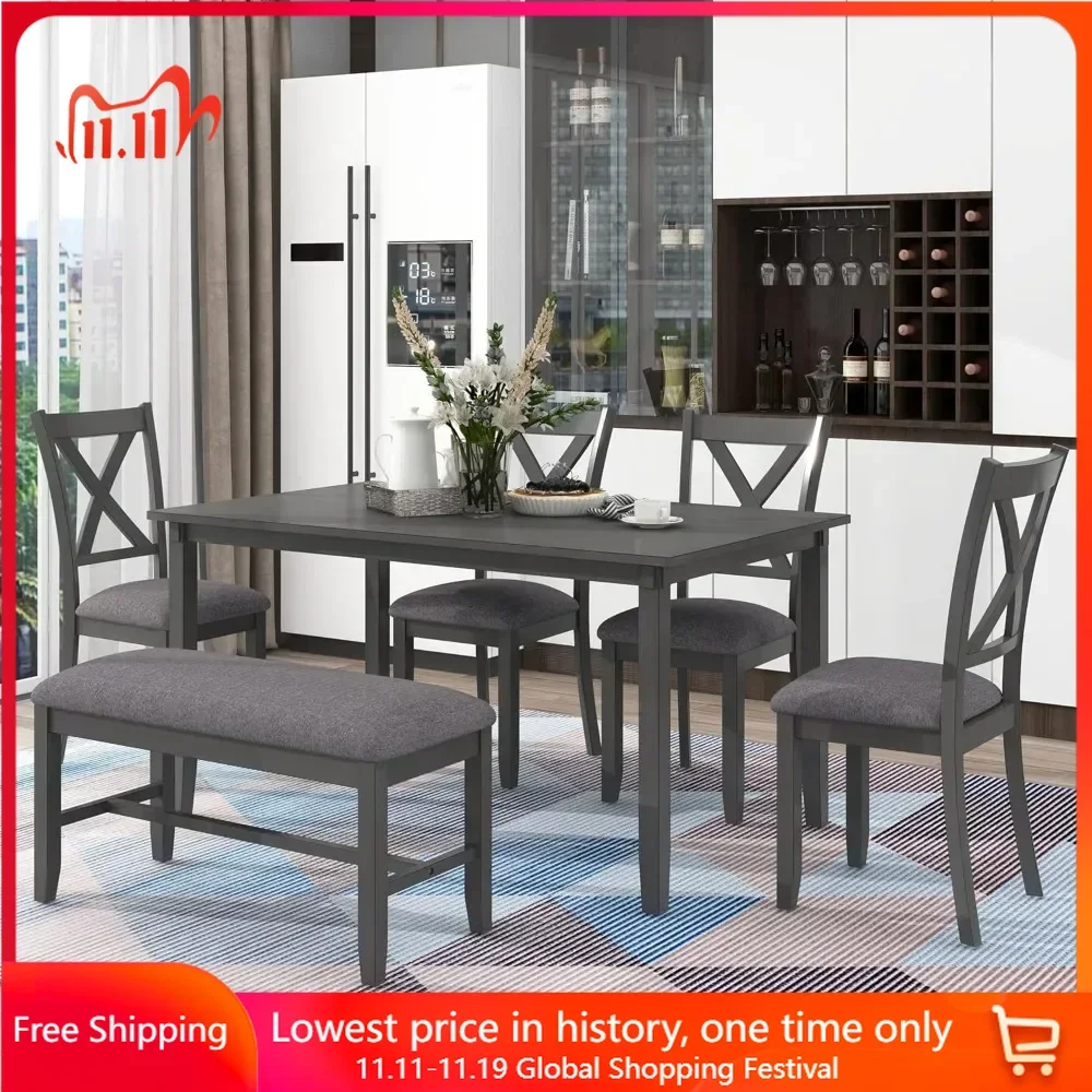 

Dining Table Set for 6 with 1 Bench and 4 Upholstered Dinier Chairs, Modern Wood Farmhouse Dining Room Set