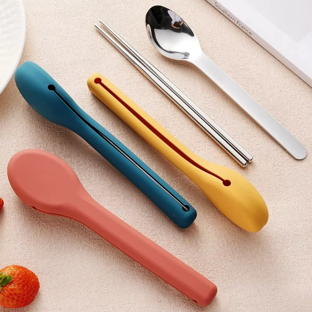 

3pcs/set With Silicone Case Travel Cutlery Set Rust-proof 304 Stainless Steel Children's Tableware Set Reusable Mirror Polished