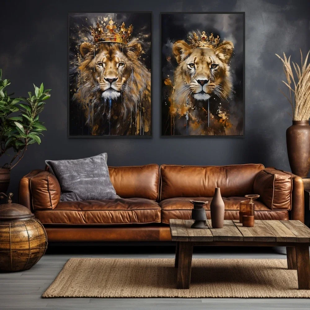 Lion King and Lioness Queen with Crown Black Gold Painting Canvas Painting Romantic Couple Bedroom Wall Art Poster for Home