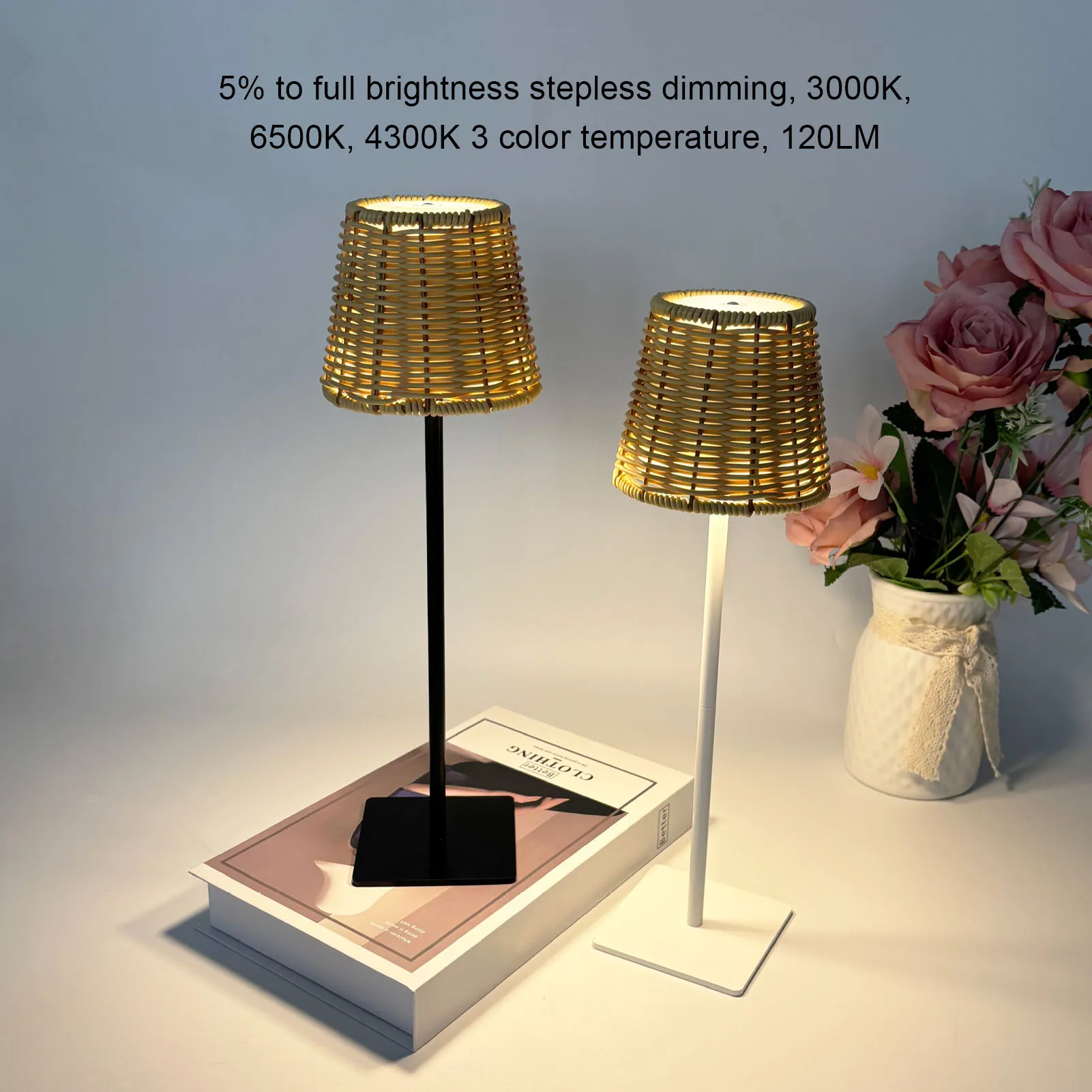 

LED Night Light USB Rechargeable LED Table Lamp 3 Color Temperature Touch Control PC Rattan Woven Stepless Dimming for Bedroom
