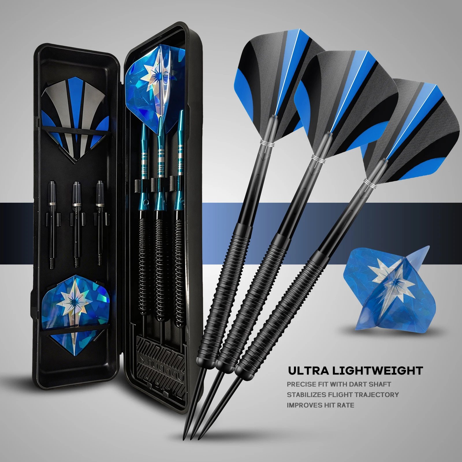 

Набор дротиков Huanqu 19g с текстурированным железным корпусом, профессиональный, для тренировок и соревнований, для домашнего использования, включает в себя опережители, стержни для дротиков, точилку, коробку для хранения, полный комплект аксессуаров. Ид